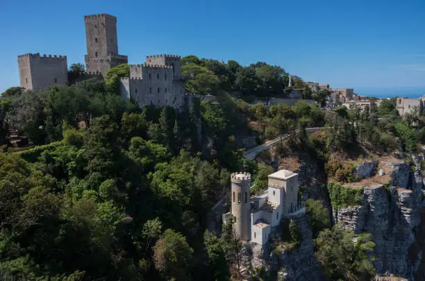 Photo of Panoramic view to  norman castle called Torri del Bali, Torretta Pepoli - little castle in Erice, Sicily, Italy