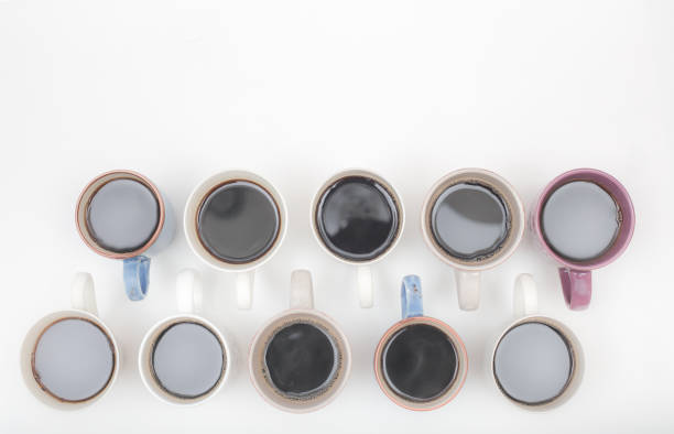 istock Close up view of different cups of coffee on white background with copy space 876682824
