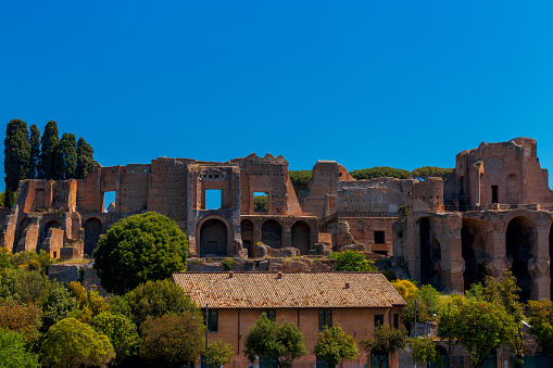 Kind of ruins on Palatine Hill on a sunny day. Italy. Rome.
