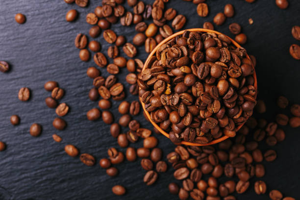 istock Roasted coffee beans scattered around. Gray background. Top view 876694174