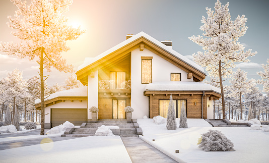 3d rendering of modern cozy house in chalet style with garage. Mountain ski resort with snow. Evening with friendly sunshine rays. With many snow on the roof and lawn.