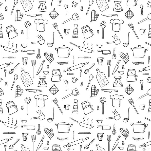 ilustrações, clipart, desenhos animados e ícones de fundo de utensílios de cozinha - kitchen utensil illustrations