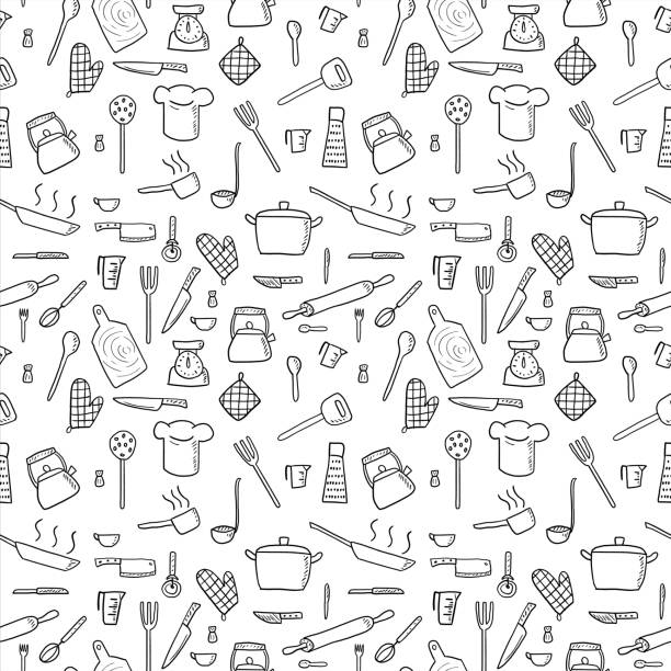 ilustrações, clipart, desenhos animados e ícones de fundo de utensílios de cozinha - kitchen equipment