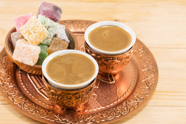 istock Coffee and Turkish delight in a copper cups 876700626