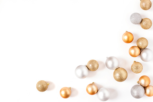 Frame Golden and Silver Balls Top view White Background Christmas New Year