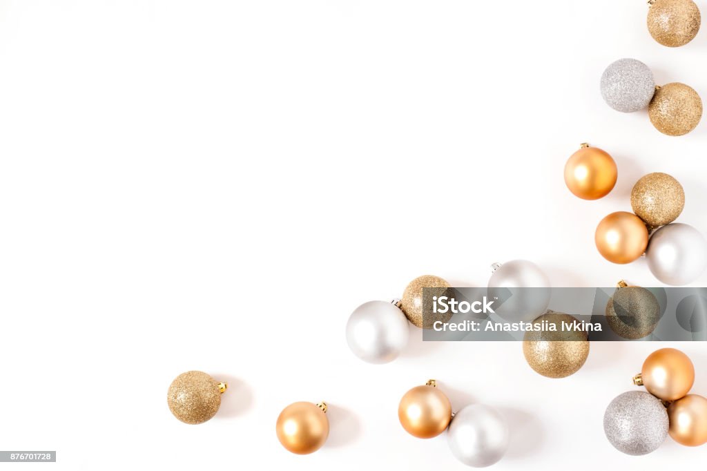 Frame Golden and Silver Balls Top view White Background Christmas New Year Christmas Ornament Stock Photo