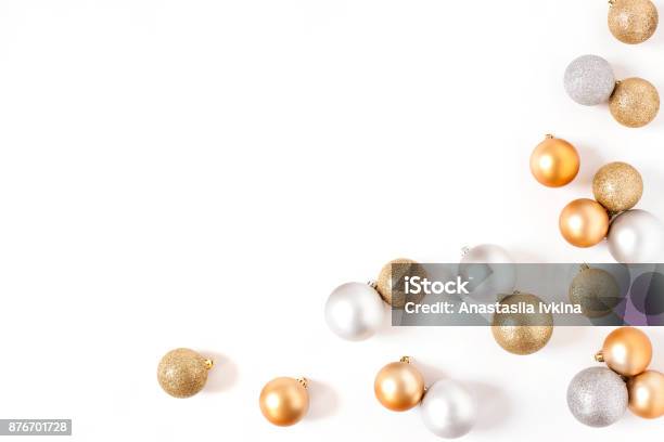 Frame Golden And Silver Balls Top View White Background Christmas New Year Stock Photo - Download Image Now