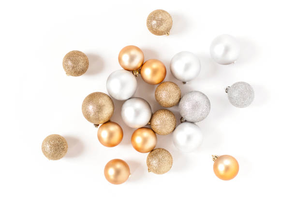 istock Golden and Silver Balls Top view White Background Christmas New Year 876701832