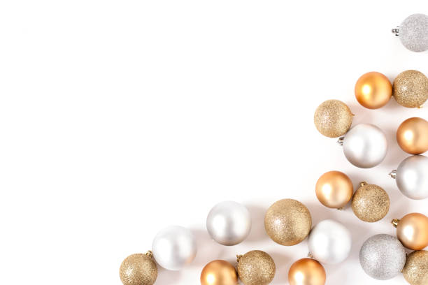 istock Frame Golden and Silver Balls Top view White Background Christmas New Year 876701936