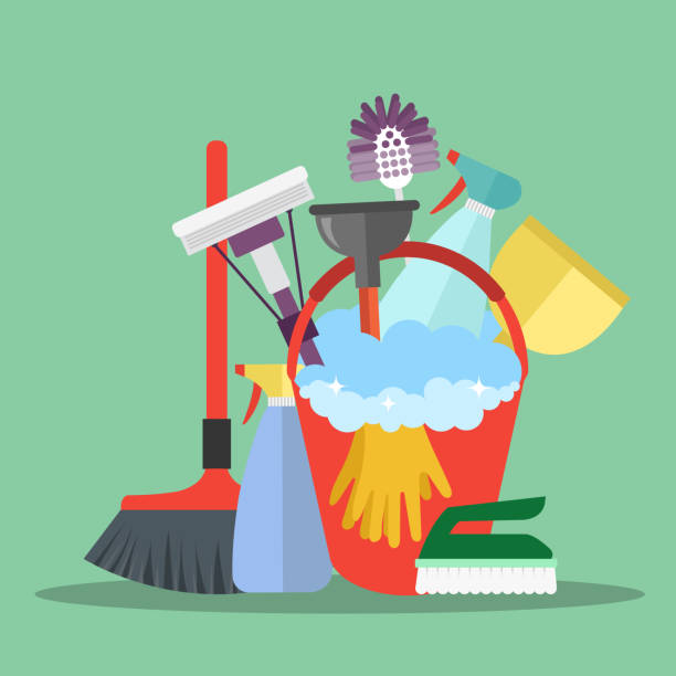 stockillustraties, clipart, cartoons en iconen met reinigingsapparatuur. schoonmaak dienstverleningsconcept. poster sjabloon voor huis schoonmaak diensten met verschillende schoonmaak gereedschappen. platte vectorillustratie - schoonmaken illustraties