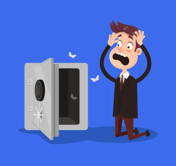 Vector illustration of Sad shocked rich businessman character stand near open door safe empty box. No money financial crisis concept