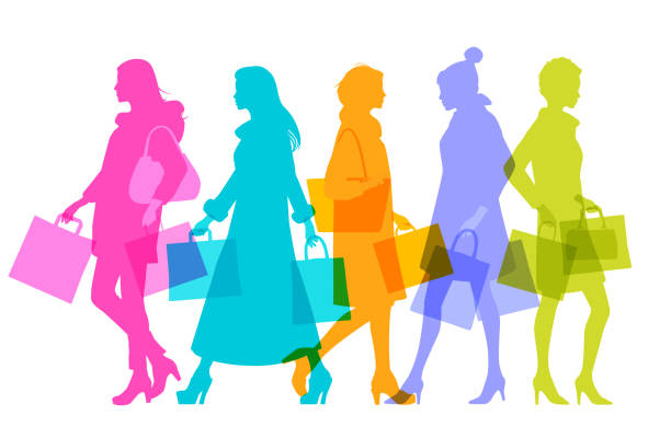 High Street Shoppers Colourful overlapping silhouettes of female High Street shoppers runway condition stock illustrations
