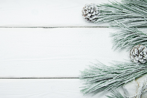Snowy branch christmas tree and cone on white wooden vintage background