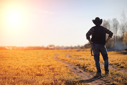 A man in a cowboy hat and a loso in the field. American farmer in a field wearing a jeans hat and with a loso. A man is walking across the field in hat