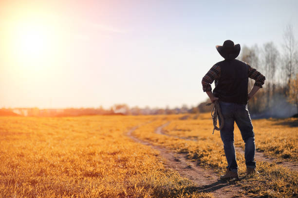 um homem de chapéu e uma loso s no campo. fazendeiro americano em um f - wild west photography color image horizontal - fotografias e filmes do acervo