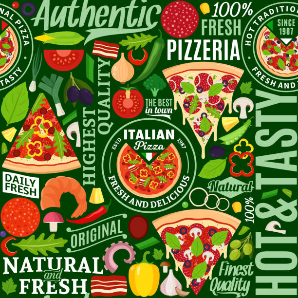 Vector pizza seamless pattern Vector pizza seamless pattern or background for pizzeria, fast food restaurant, menu, packaging, branding and identity pizza place stock illustrations