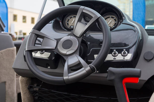 istock Instrument panel and steering wheel of a motor boat. Transport 876768106