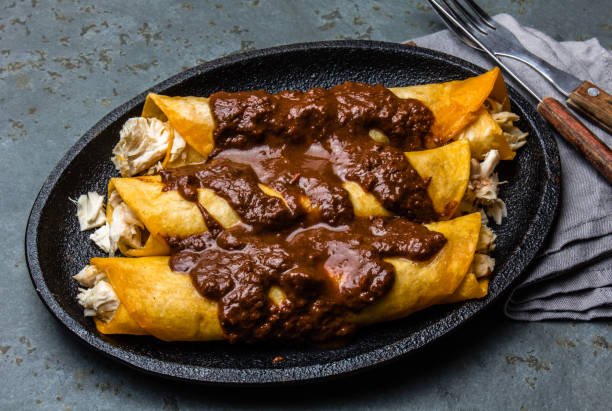Mexican cuisine. Traditional Mexican chicken enchiladas with spicy chocolate salsa mole poblano. Enchiladas with sauce moole from Puebla, Mexico
