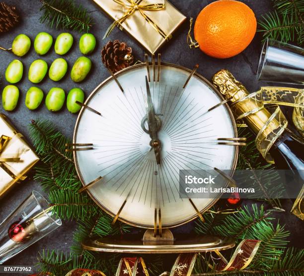 New Year Tradition Latin American And Spanish New Year Traditional Funny Ritual To Eat Twelve 12 Grapes For Good Luck At Midnigth Flat Lay Top View Christmas New Year Composition Stock Photo - Download Image Now