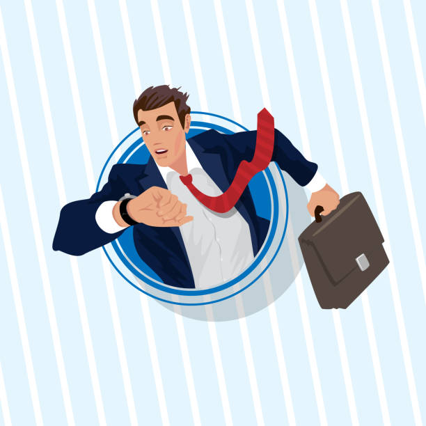 Businessman in round frame looks at his watch Disheveled young businessman or manager looks at watch on his hand. Front face view in round frame. Late or Delay concept. Simplistic realistic comic art style priority baggage tag stock illustrations