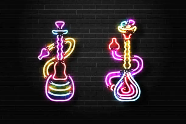 Vector illustration of Vector realistic isolated neon sign of Hookah for decoration and covering on the wall background. Concept of hookah lounge.