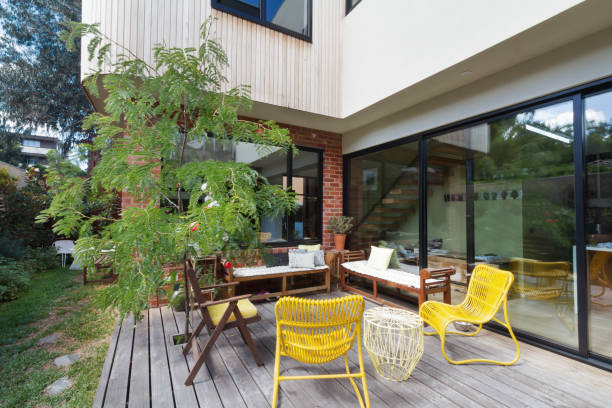 Outdoor patio deck on new renovation extension in contemporary Melbourne home stock photo