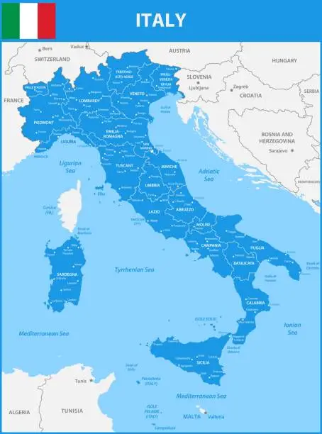 Vector illustration of The detailed map of the Italy with regions or states and cities, capital. With sea objects and islands. And parts of neighboring countries