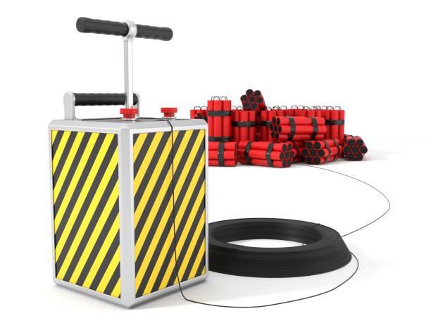 istock detenator and dynamite packs in background. 3d illustration. 876793048