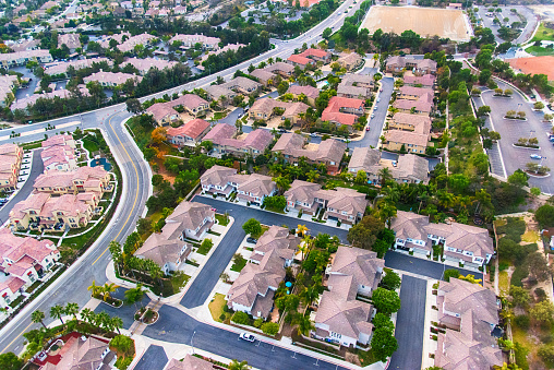 An aerial view of a newly built subdivision in the suburban San Diego community of Carlsbad, California.