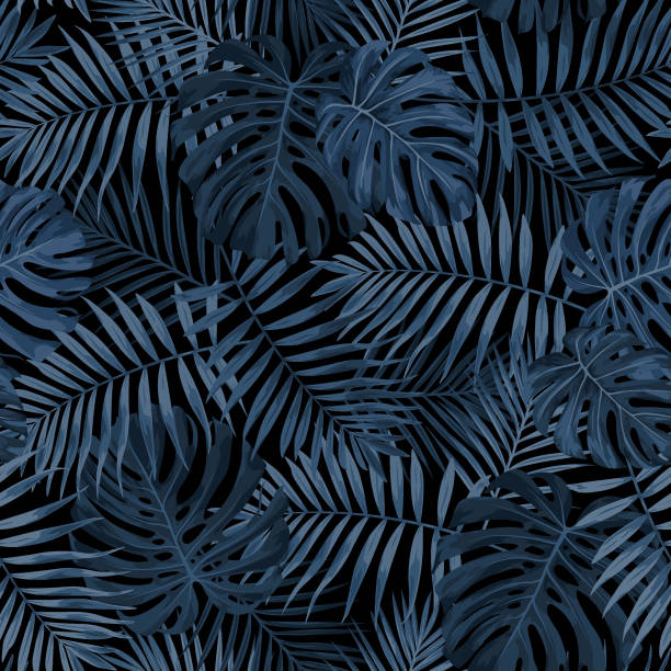 ilustrações de stock, clip art, desenhos animados e ícones de tropical leaf pattern in dark indigo blue - frond