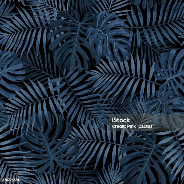 Tropical Leaf Pattern In Dark Indigo Blue Stock Illustration - Download Image Now - Backgrounds, Tropical Climate, Tropical Pattern