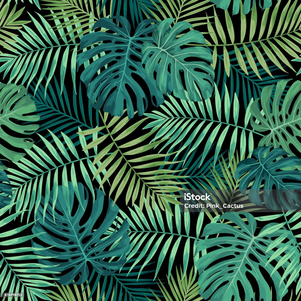 Tropical Leaf Pattern in Green Tropical leaf design featuring green palm and Monstera plant leaves on a black background. Seamless vector repeating pattern. Leaf stock vector