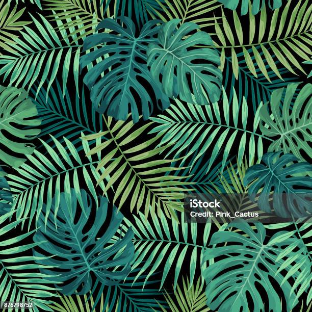 Tropical Leaf Pattern In Green Stock Illustration - Download Image Now - Leaf, Palm Tree, Backgrounds