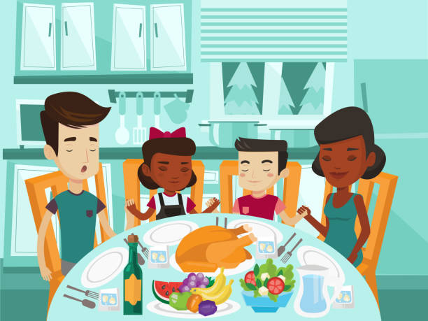 Multiracial family praying at festive table Multiracial religious family giving thanks to God at festive table while holding each other hands and praying. Biracial parents and kids praying before thanksgiving dinner. Vector cartoon illustration diverse family christmas stock illustrations