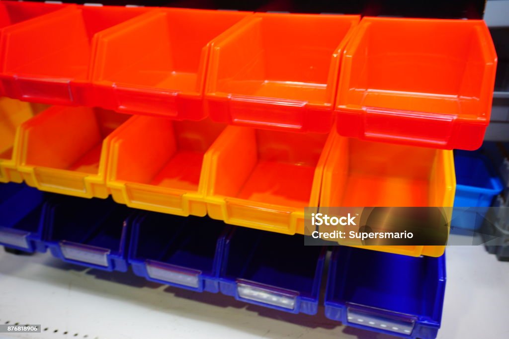 Empty Plastic Storage Bins Containing For Screws Stock Photo