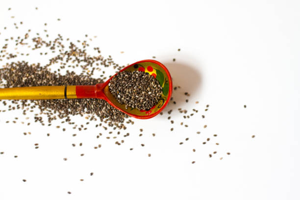 istock Chia Seeds on Russian Spoon, White Background, Close-Up 876819518
