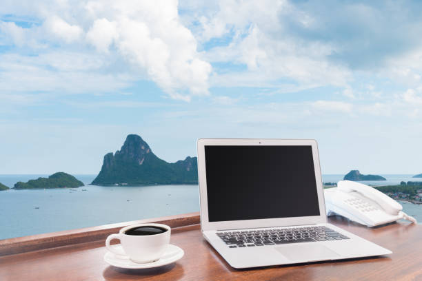 istock Laptops with white coffee mug on wooden desk 876822006