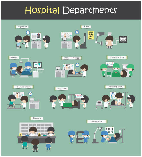 Set of Hospital Departments ( Outpatient . Inpatient . X-ray . Dental . Physical therapy . Operation room . Rehabilitation . Emergency room . Pharmacy . Labour room ) . Flat design . Vector Set of Hospital Departments ( Outpatient . Inpatient . X-ray . Dental . Physical therapy . Operation room . Rehabilitation . Emergency room . Pharmacy . Labour room ) . Flat design . Vector . inpatient stock illustrations