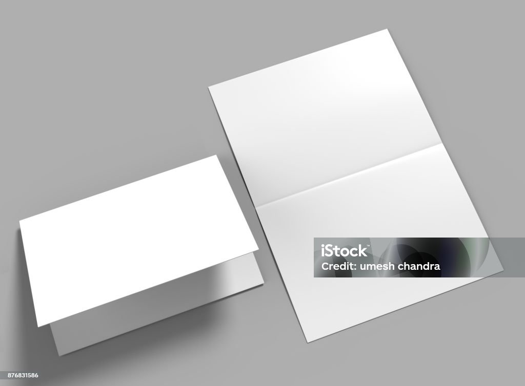 Modello bianco bianco brochure orizzontale semipiegato per il modello di beffardo e presentazione. Illustrazione 3d. - Foto stock royalty-free di Cartolina di auguri