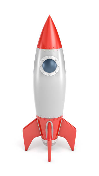 istock 3d rendering of a single silver and red rocket ship with a round porthole isolated on a white background. 876831682