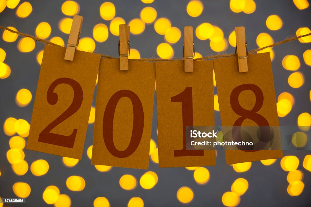 New Year 2018 Concept Clipped Cards and Lights 2018 Stock Photo