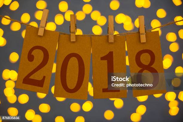 New Year 2018 Concept Clipped Cards And Lights Stock Photo - Download Image Now - 2018, Advertisement, Aspirations