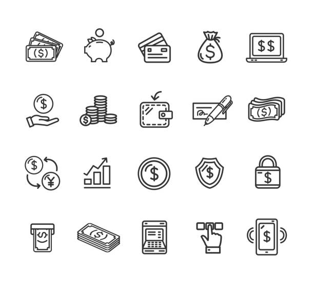 geld finanzen symbole und zeichen schwarze dünne linie-icon-set. vektor - coin bank stock-grafiken, -clipart, -cartoons und -symbole