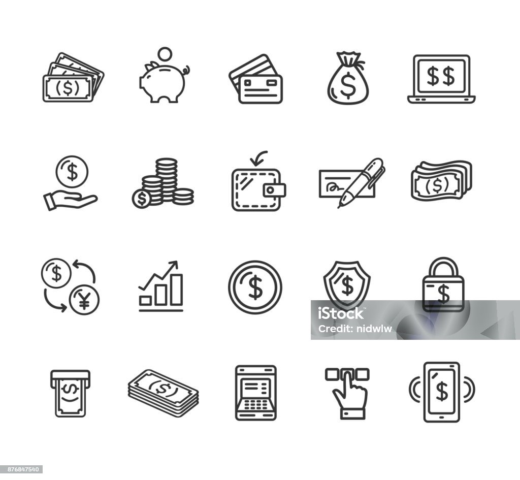 Conjunto de iconos de línea fina negra dinero finanzas símbolos y signos. Vector de - arte vectorial de Dinero libre de derechos