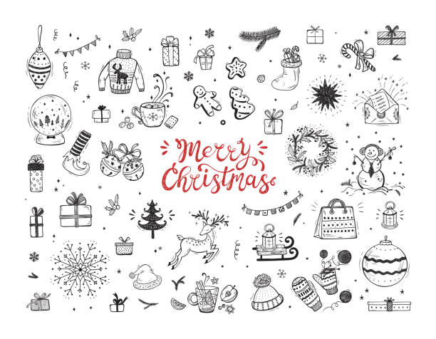 Merry Christmas. Holiday Vector Big Set of Hand Drawn Doodle Christmas characters and decorations with hand lettering calligraphic. Xmas greeting Card Template. Happy Winter Holidays poster. New year Merry Christmas. Holiday Vector Big Set of Hand Drawn Doodle Christmas characters and decorations with hand lettering calligraphic. Xmas greeting Card Template. Happy Winter Holidays poster. New year christmas drawings stock illustrations