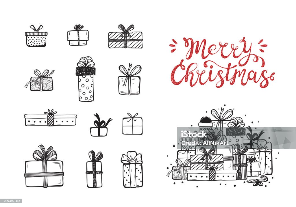 Feliz Navidad. Vacaciones Vector Set de mano dibujado Doodle Navidad y año nuevo regalo cajas con letras de mano caligráfica. Tarjeta de felicitación de Navidad plantilla. Cartel feliz de vacaciones de invierno - arte vectorial de Regalo libre de derechos