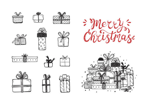 ilustrações de stock, clip art, desenhos animados e ícones de merry christmas. holiday vector set of hand drawn doodle christmas and new year gift boxes with hand lettering calligraphic. xmas greeting card template. happy winter holidays poster - prenda ilustrações