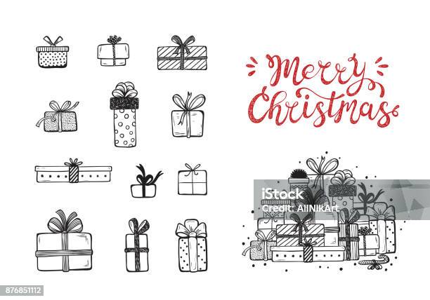 Merry Christmas Holiday Vector Set Of Hand Drawn Doodle Christmas And New Year Gift Boxes With Hand Lettering Calligraphic Xmas Greeting Card Template Happy Winter Holidays Poster Stock Illustration - Download Image Now