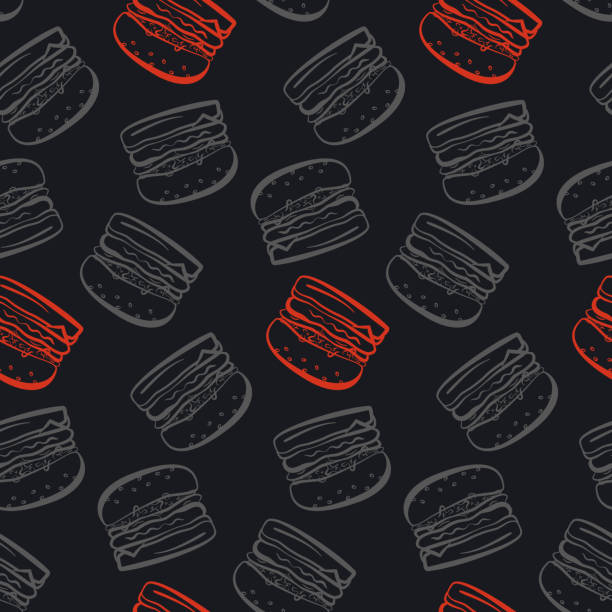 muster mit grauen und roten burger auf schwarzem hintergrund - hamburger schnellgericht stock-grafiken, -clipart, -cartoons und -symbole