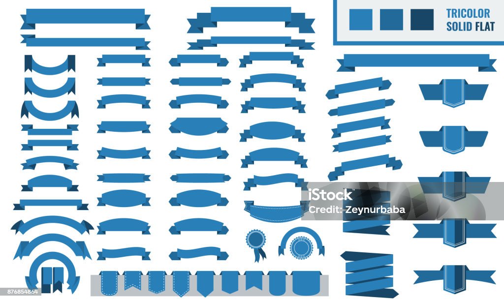 Vector conjunto de tricolor, plana, banners de cinta larga y corta. Moda color azul. - arte vectorial de Cinta libre de derechos